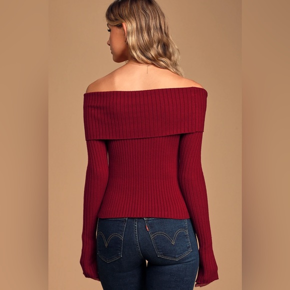 Lulu’s Perfect Timing Burgundy Ribbed Off-The-Shoulder Sweater Top NWT - Picture 5 of 6
